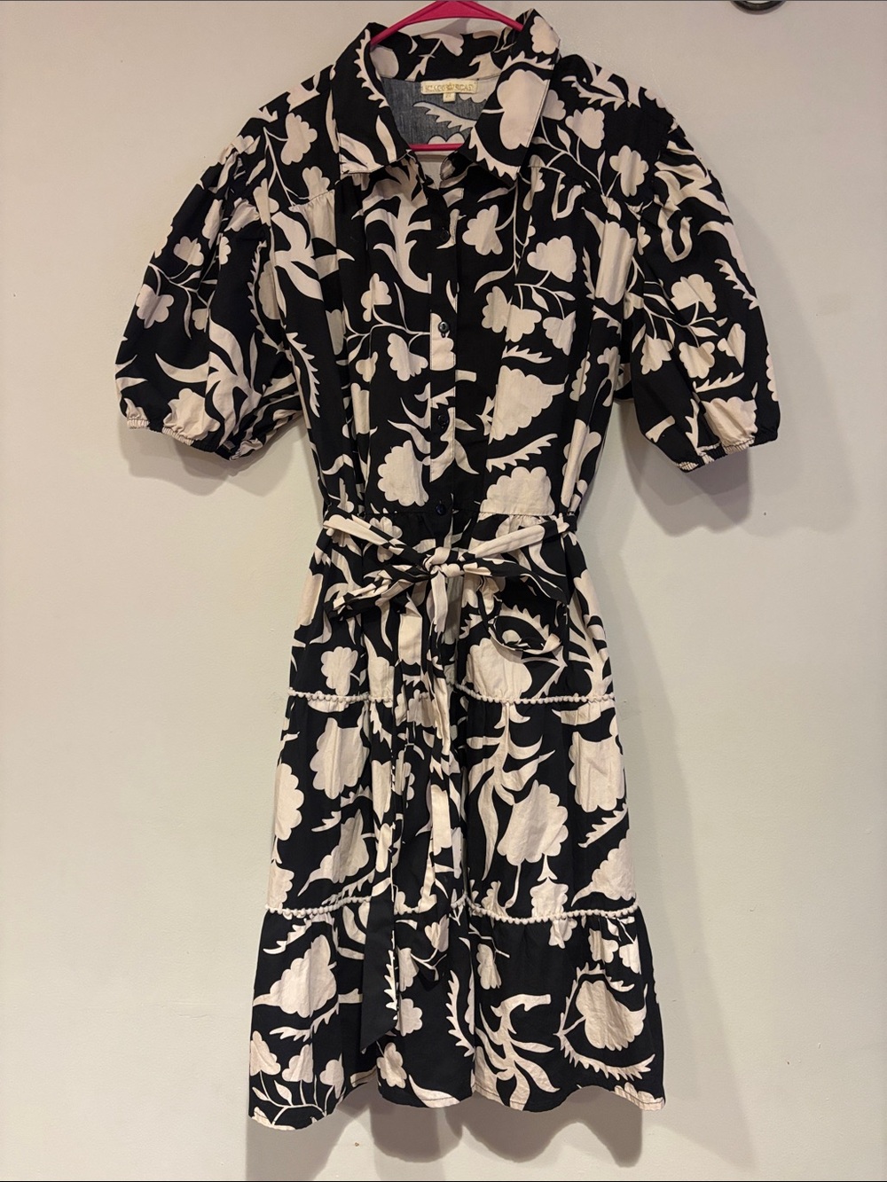 Black and Cream Floral Tie-Waist Midi Shirt Dress